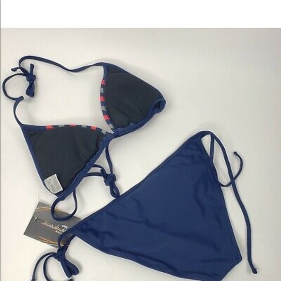 NWT BEACH JOY 2 Pc Navy, Red & White Beaded & Sequin String Bikini Set Sz Small - Picture 3 of 9